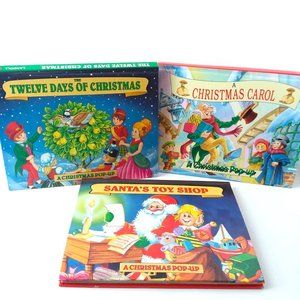 3 Christmas Pop up 3D Books Landoll 1996 Santa Carol twelve days kids family VTG